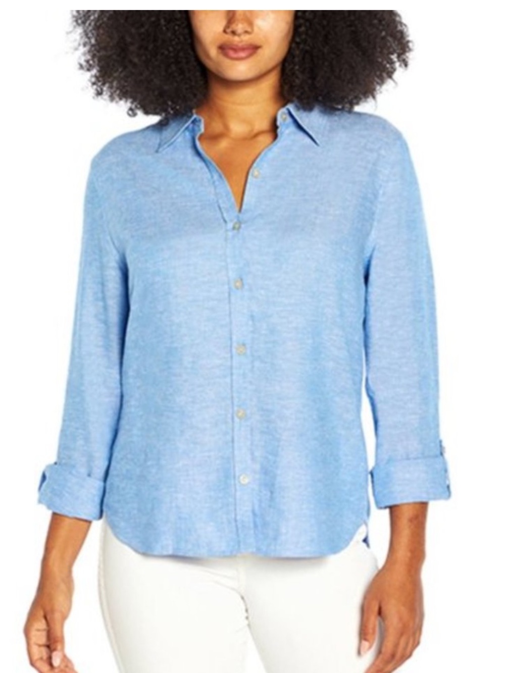 Orvis Women's Chambray Light Blue Linen Button-Down Shirt Faux Pearl Buttons